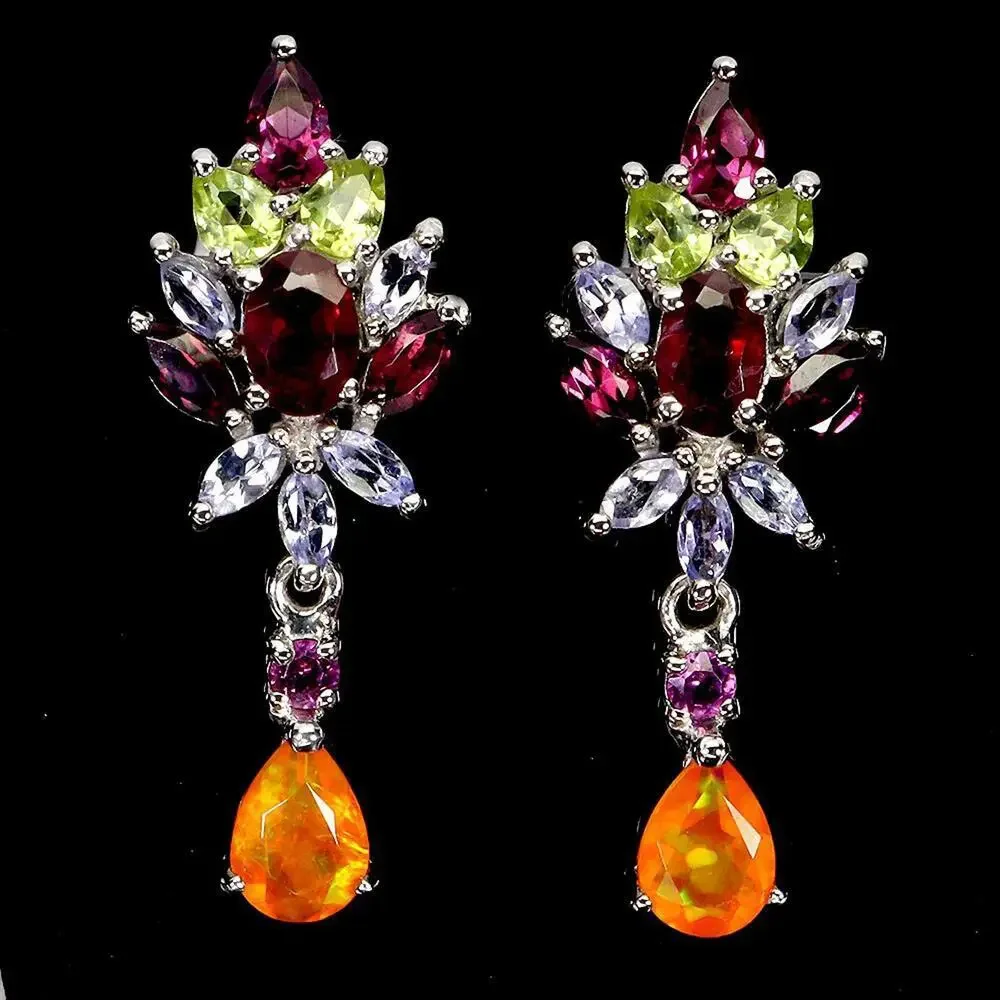 925 Sterling Silver Earrings Pear Orange Fire Opal Peridot Tanzanite Gem Jewelry